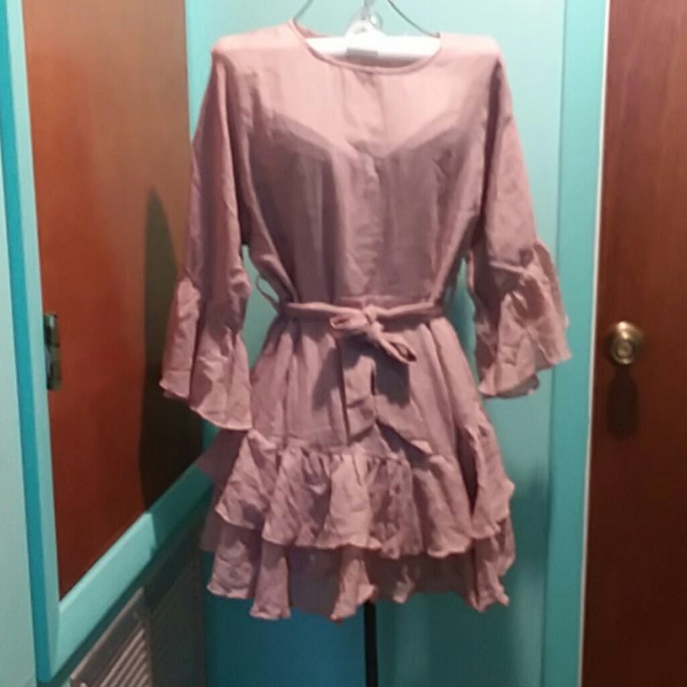 Linen Ruffle Tunic Mini Dress